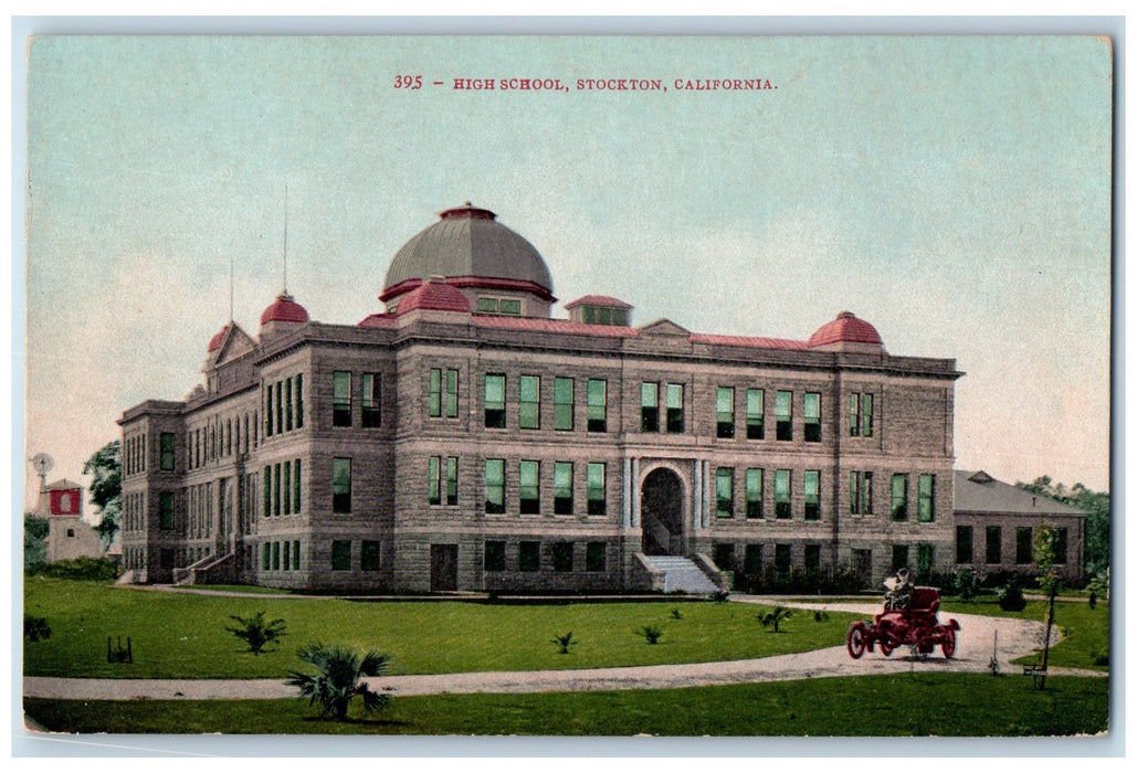 c1910's High School Campus Building Classic Car Dirt Road Stockton CA Postcard