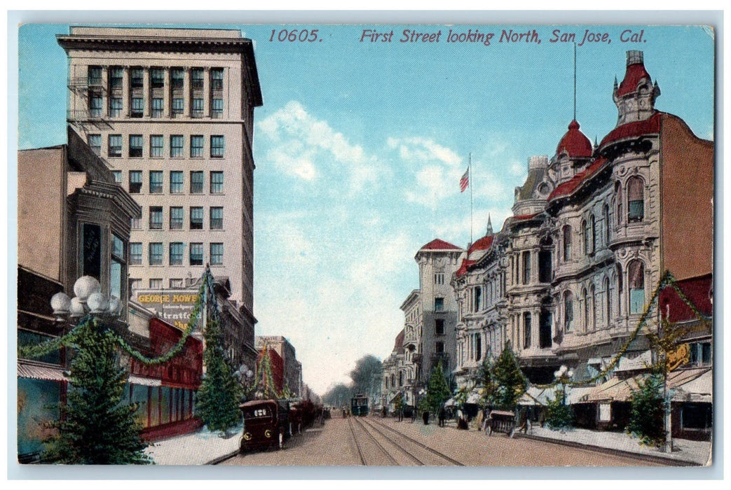 c1910 First Street From North Building Towers Railway Cars San Jose CA Postcard