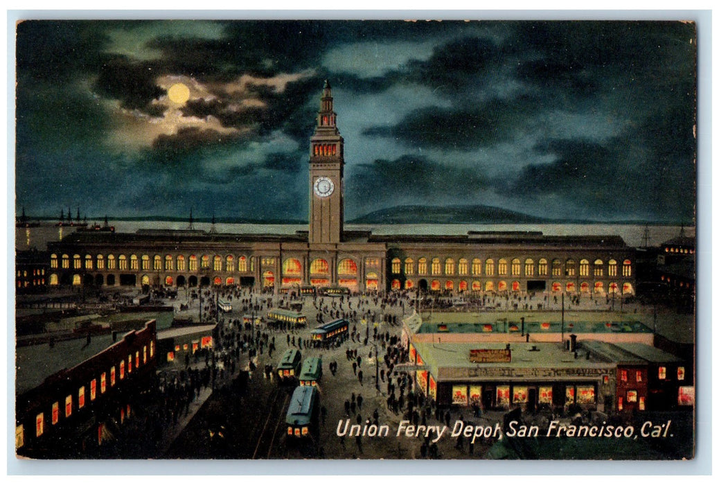 c1950 Union Ferry Depot Clock Tower At Night Building San Francisco CA Postcard