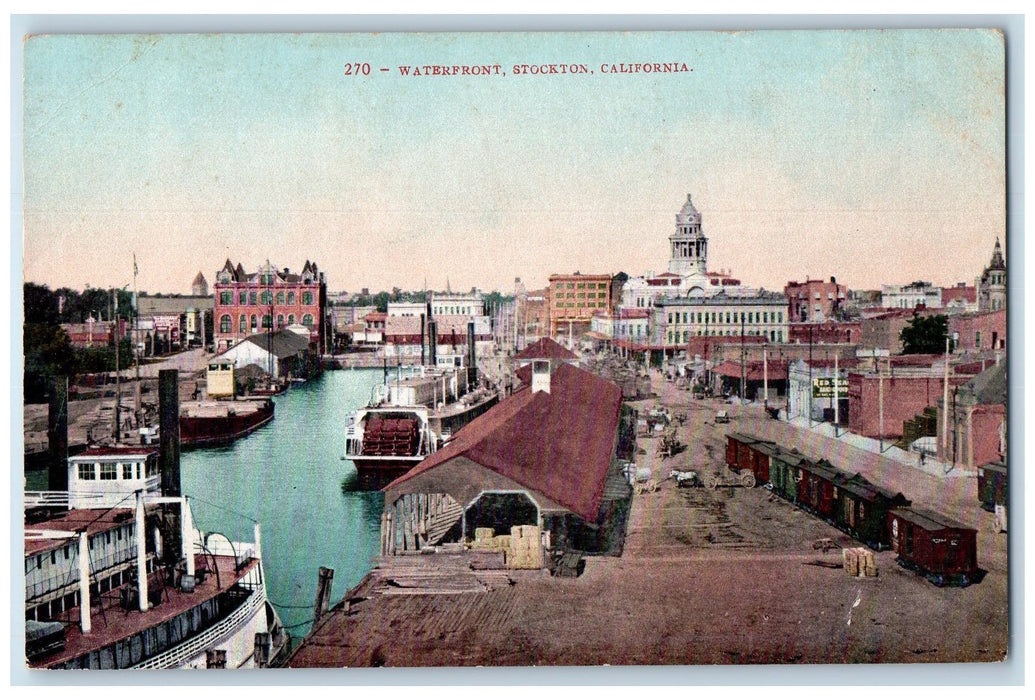 c1950 Waterfront Harbor Ferry Boat Dock Building Stockton California CA Postcard