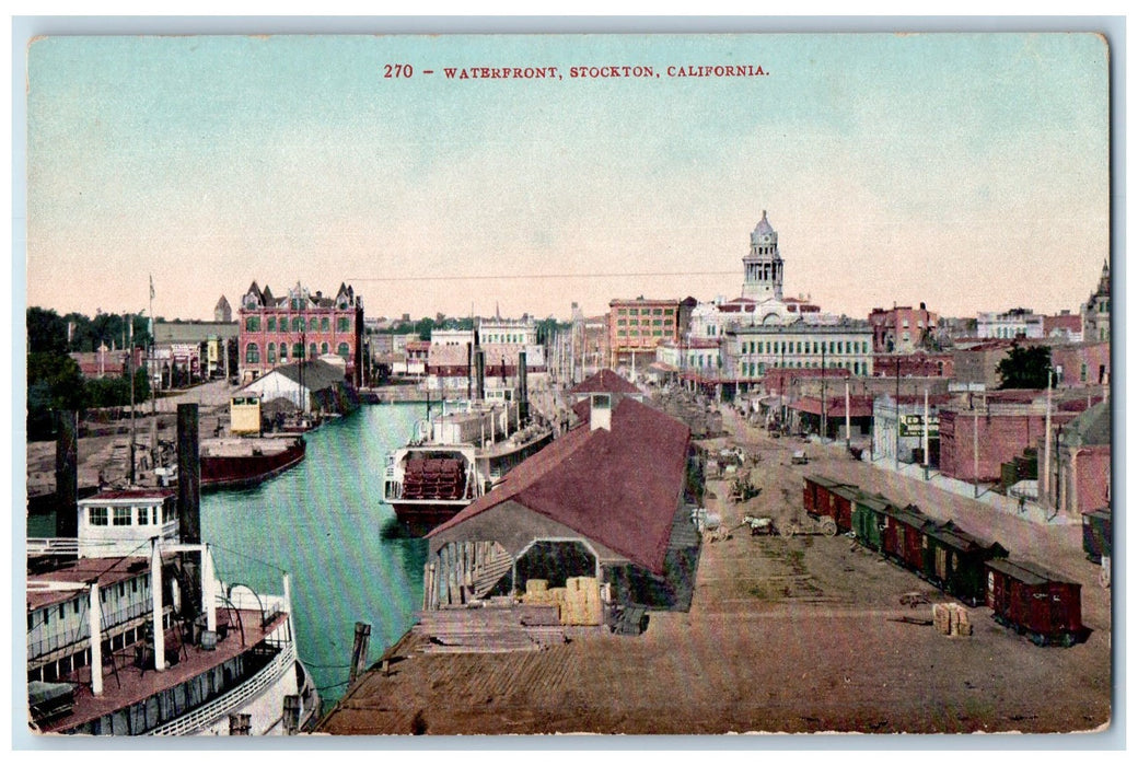 c1950's Waterfront Harbor Clock Tower Wagon Cargo Boat Dock Stockton CA Postcard