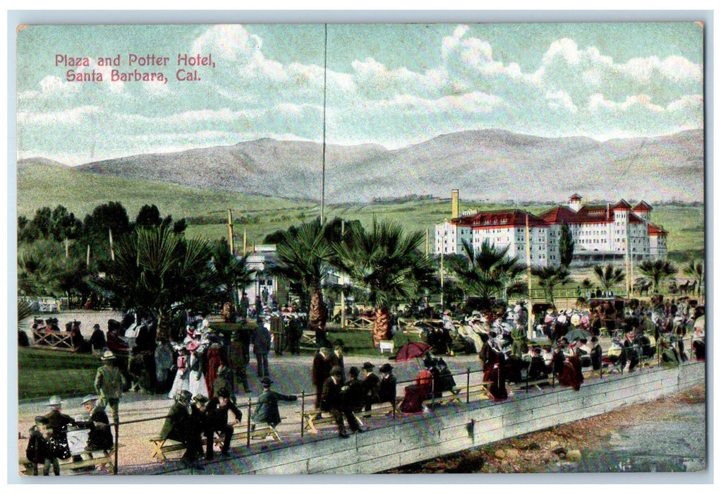 c1950's Plaza & Potter Hotel Restaurant Tourists Crowd Santa Barbara CA Postcard
