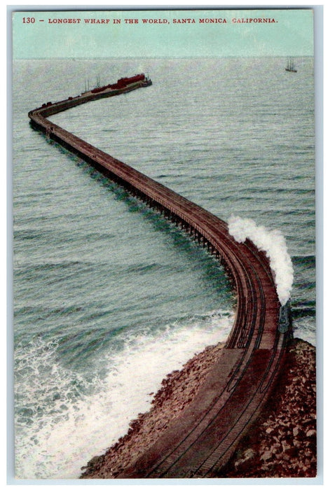 c1950's Longest Wharf In The World Train Railroad Boat Santa Monica CA Postcard