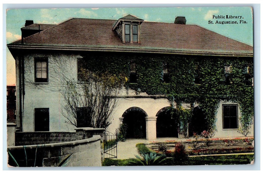 1918 Public Library Building Entrance Garden St. Augustine Florida FL Postcard