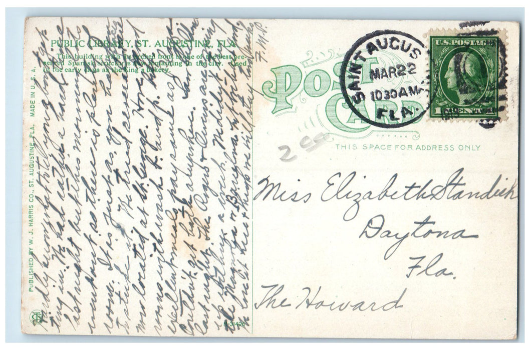1918 Public Library Building Entrance Garden St. Augustine Florida FL Postcard