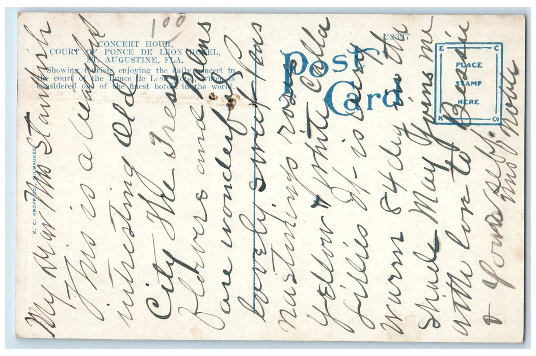 c1920 Concert Hour Ponce De Leon Hotel Restaurant Guest St Augustine FL Postcard