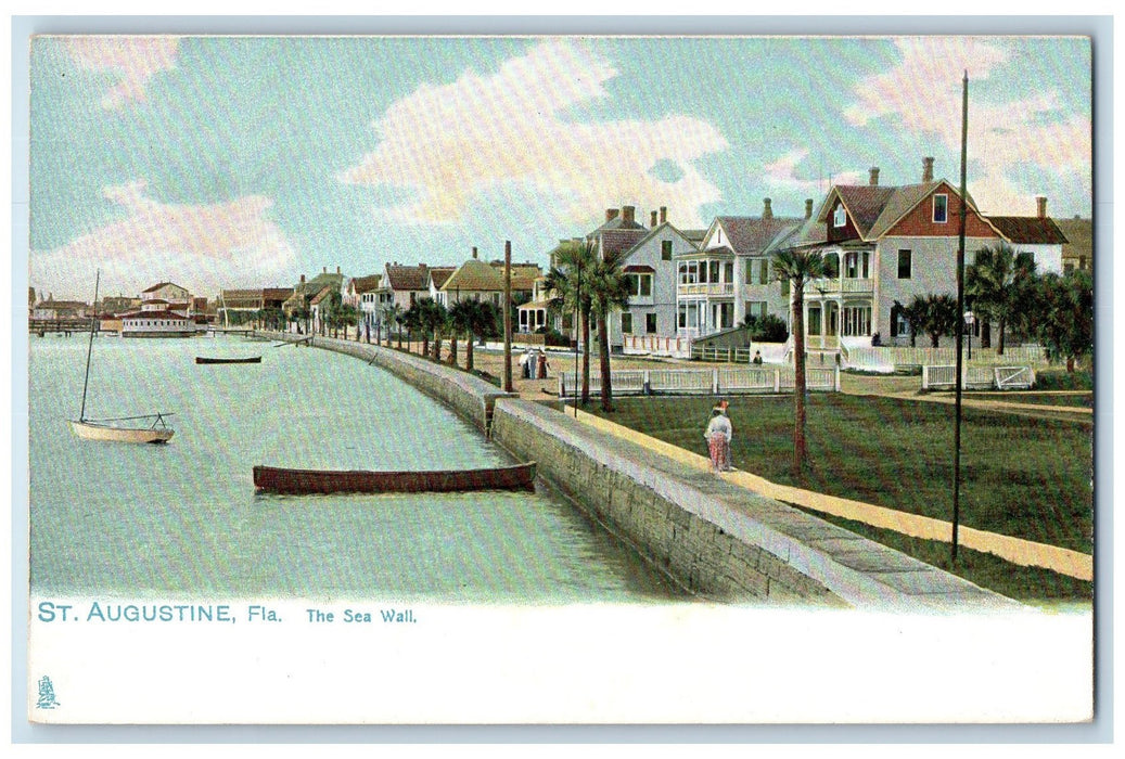 c1920's The Sea Wall Boats Pathways Houses Building St. Augustine FL Postcard