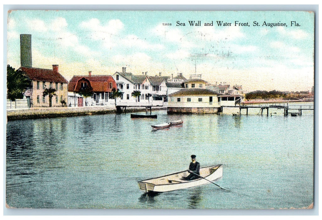 1911 Sea Wall & Water Front Boating Wharf Buildings St. Augustine FL Postcard