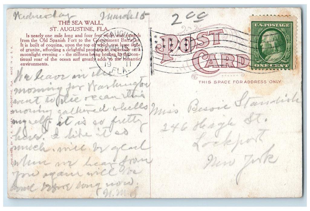 1911 Sea Wall & Water Front Boating Wharf Buildings St. Augustine FL Postcard