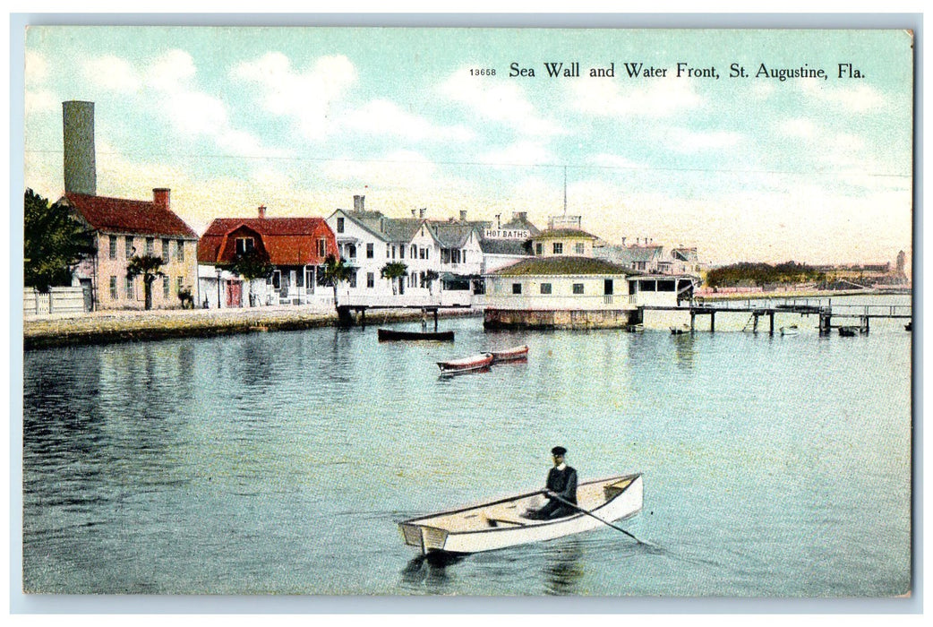c1950's The Sea Wall & Water Front Boating Buildings St. Augustine FL Postcard