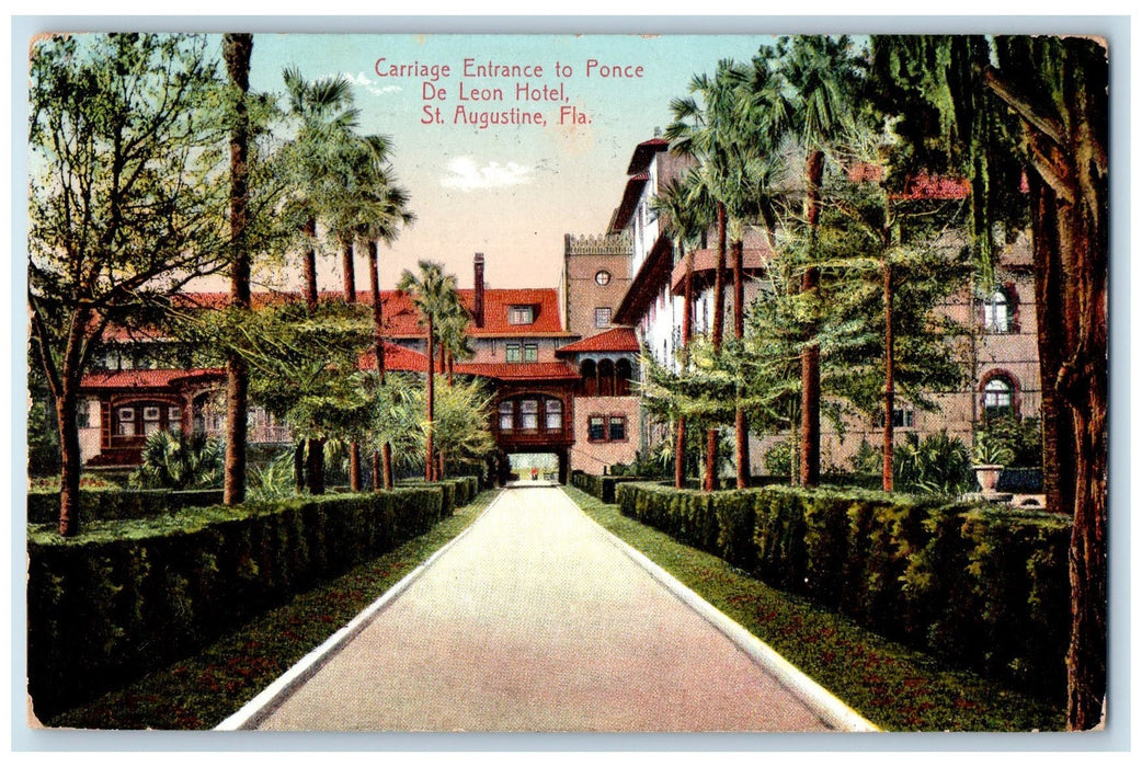 1911 Carriage Entrance Ponce De Leon Hotel Restaurant St. Augustine FL Postcard