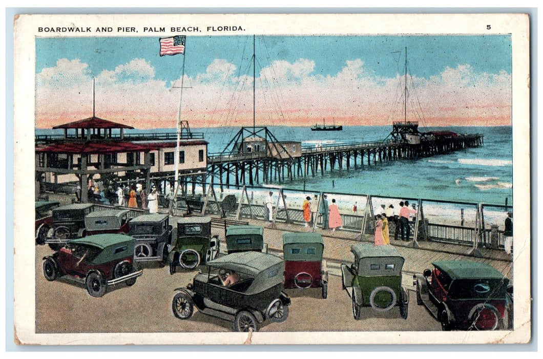 c1920 Boardwalk & Pier Classic Cars Tourists Bridge Boat Palm Beach FL Postcard