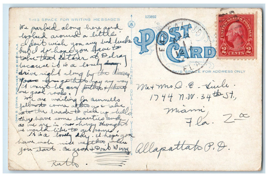 c1920 Boardwalk & Pier Classic Cars Tourists Bridge Boat Palm Beach FL Postcard