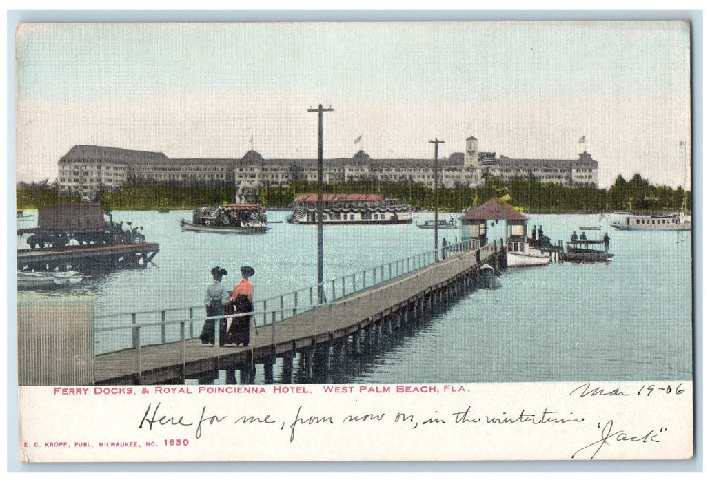 c1905 Ferry Docks Royal Poincienna Restaurant Hotel West Palm Beach FL Postcard