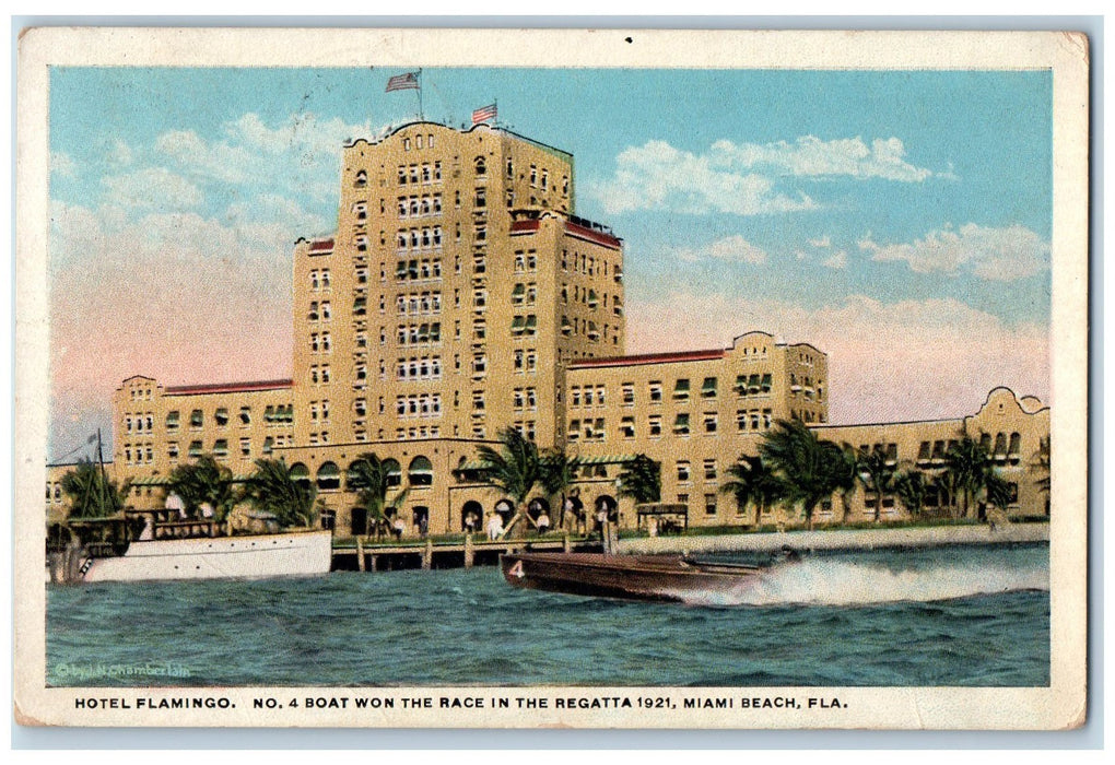 1923 Hotel Flamingo Restaurant No. 4 Boat 1921 Winner Miami Beach FL Postcard