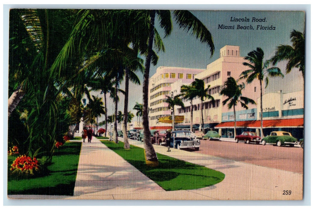c1940's Lincoln Road Classic Cars Road Pathways Miami Beach Florida FL Postcard