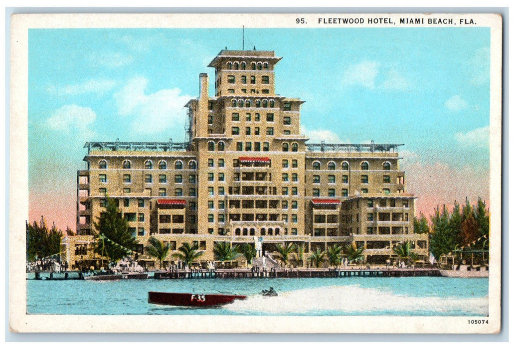 c1920's Fleetwood Hotel Restaurant Building Speedboat Wharf Miami FL Postcard