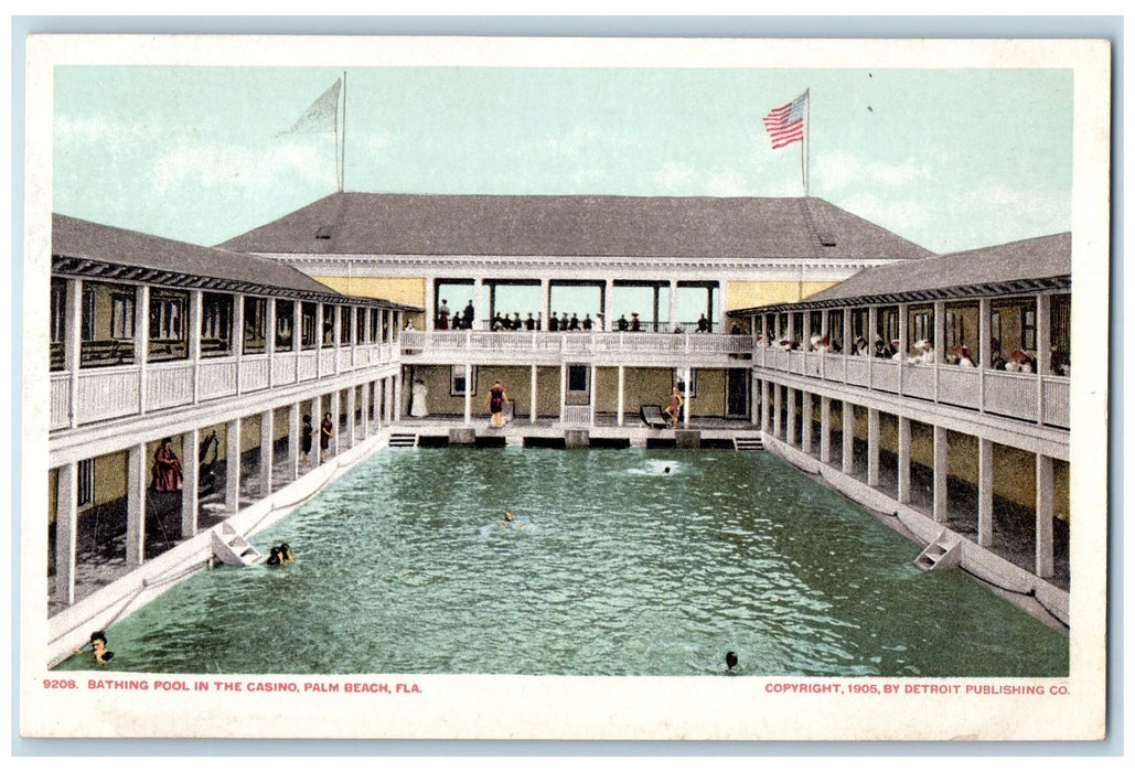 c1905 Bathing Pool In Casino Guests Swimming Flag Palm Beach Florida FL Postcard
