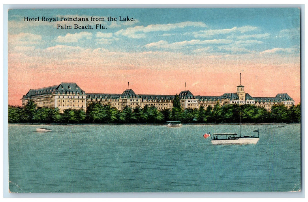 c1950 Hotel Royal Restaurant From Lake Boats Tree Palm Beach Florida FL Postcard