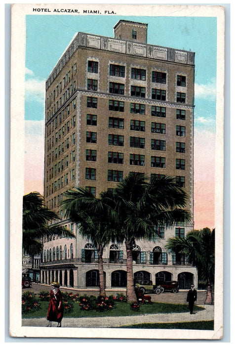 1928 Hotel Alcazar Building Restaurant Classic Cars Guests Miami FL Postcard