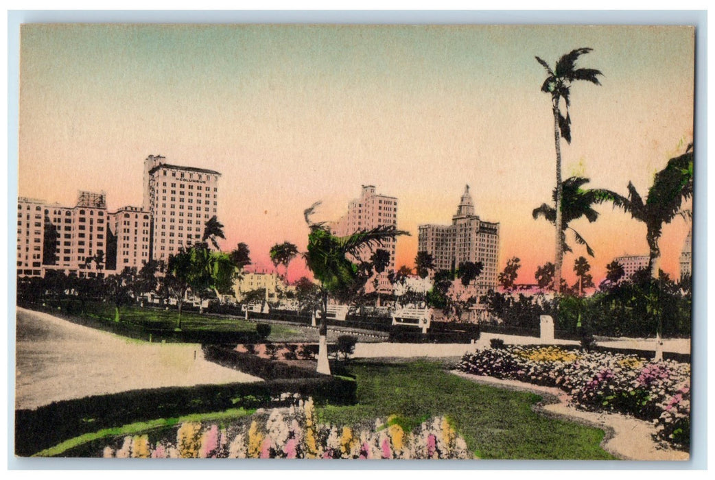 c1950's Skyline & Park Buildings Towers Trees Flowers Miami Florida FL Postcard