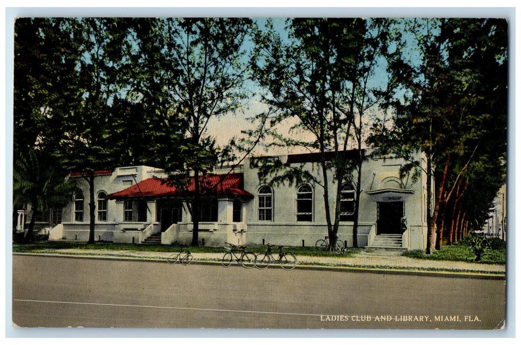 c1950 Ladies Club & Library Bicycles Parked Building Entrance Miami FL Postcard