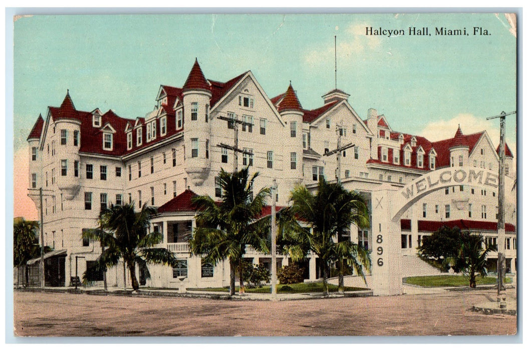 c1950's Halcyon Hall Building Dirt Road Welcome Arch Miami Florida FL Postcard