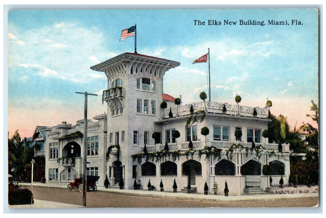 c1950's The Elks New Building Tower Flags Classic Cars Miami Florida FL Postcard