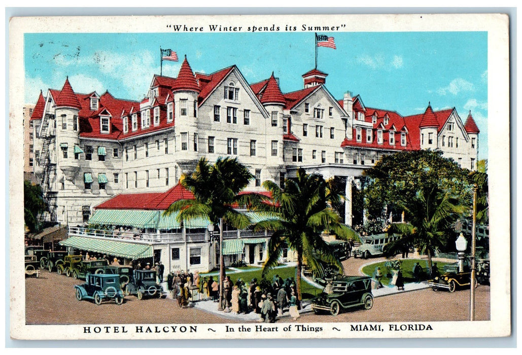 1934 Hotel Halcyon Spends Summer Restaurant Crowds Entrance Miami FL Postcard