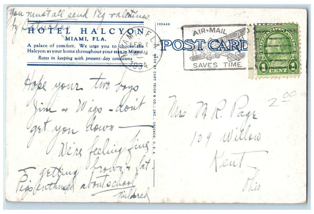 1934 Hotel Halcyon Spends Summer Restaurant Crowds Entrance Miami FL Postcard