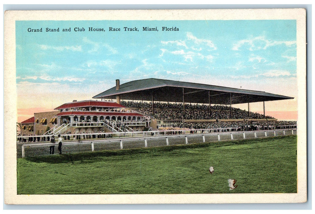 c1920 Grandstand Club House Race Track Crowd Building Miami Florida FL Postcard