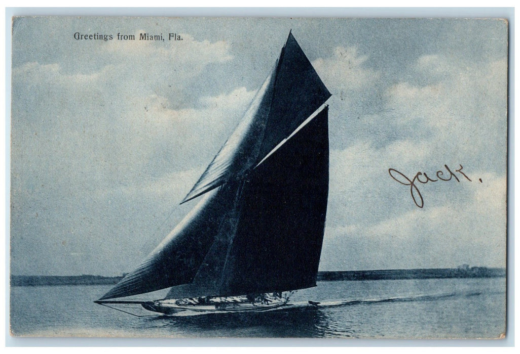 c1905's GREETINGS FROM MIAMI Sailboat Sailing On Beach Miami Florida FL Postcard