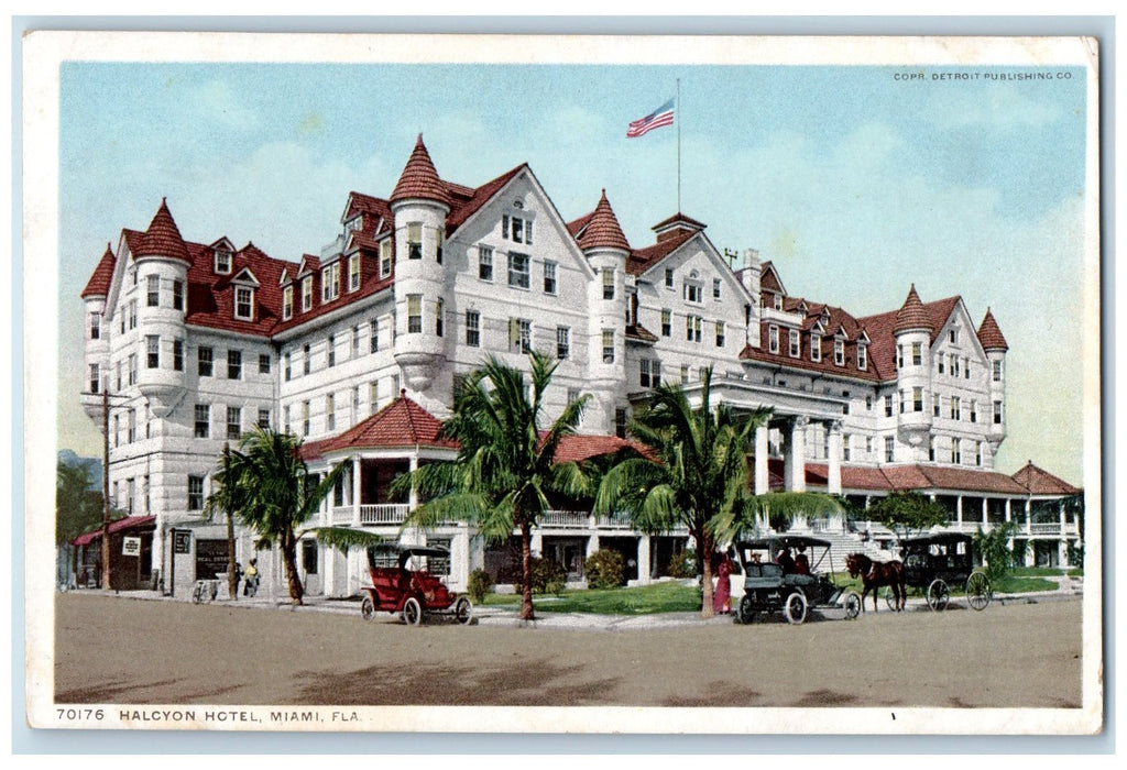 c1920 Halcyon Hotel Restaurant Building Classic Cars Entrance Miami FL Postcard