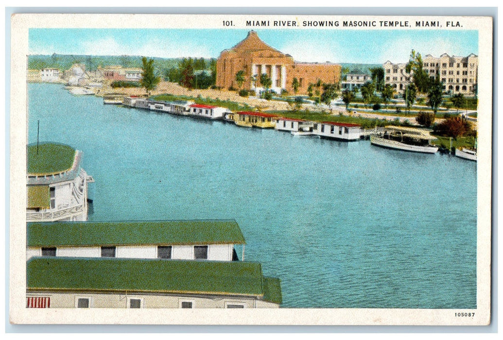 c1920's Miami River Showing Masonic Temple Boats Dock Miami Florida FL Postcard