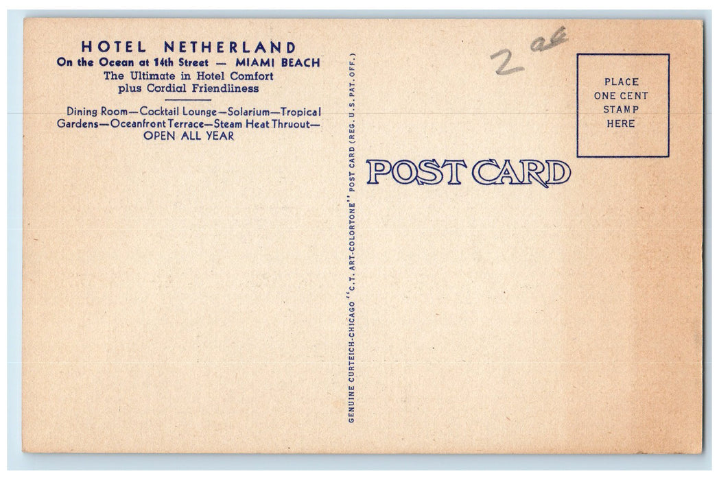 c1940 Hotel Netherlands Restaurants Bathing Swimming Miami Beach FL Postcard