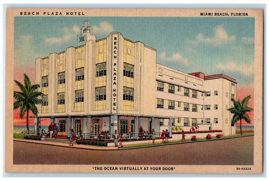 c1940's Beach Plaza Hotel Building Restaurants Guests Miami Beach FL Postcard