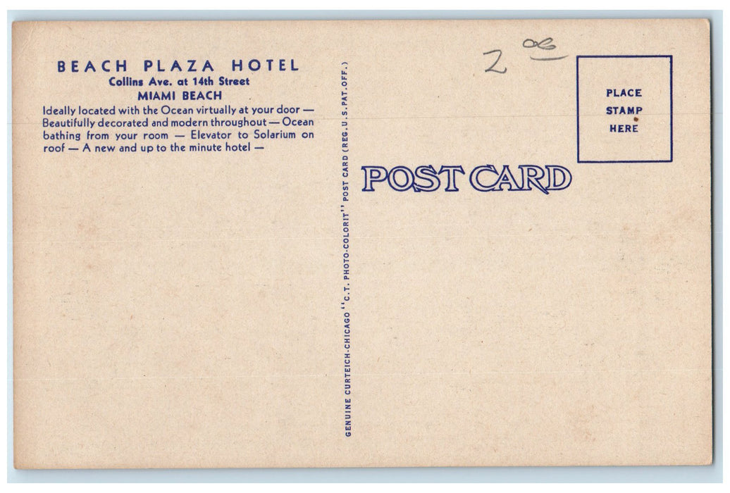 c1940's Beach Plaza Hotel Building Restaurants Guests Miami Beach FL Postcard
