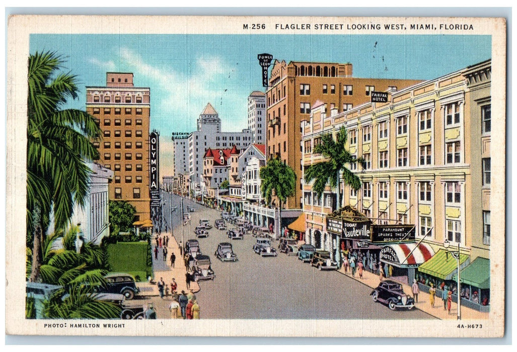 1935 Flagler Street Looking West Classic Car Buildings Miami Florida FL Postcard