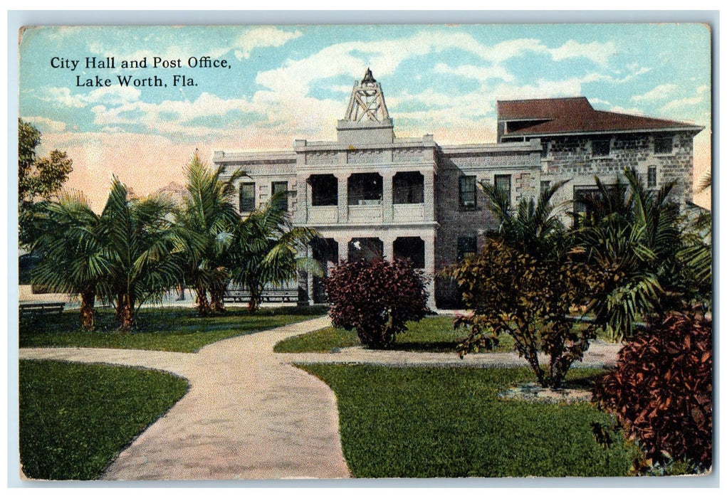 c1950 City Hall & Post Office Building Tower Bell Lake Worth Florida FL Postcard
