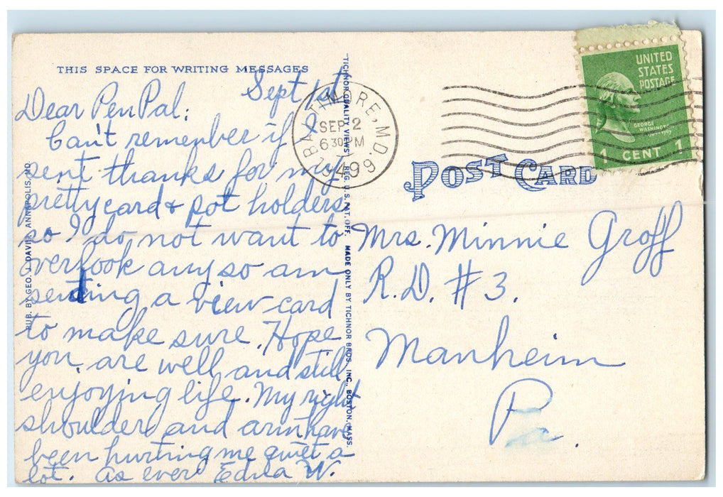 1949 Mahan Hall US Naval Academy Annapolis Maryland MD Posted Vintage Postcard