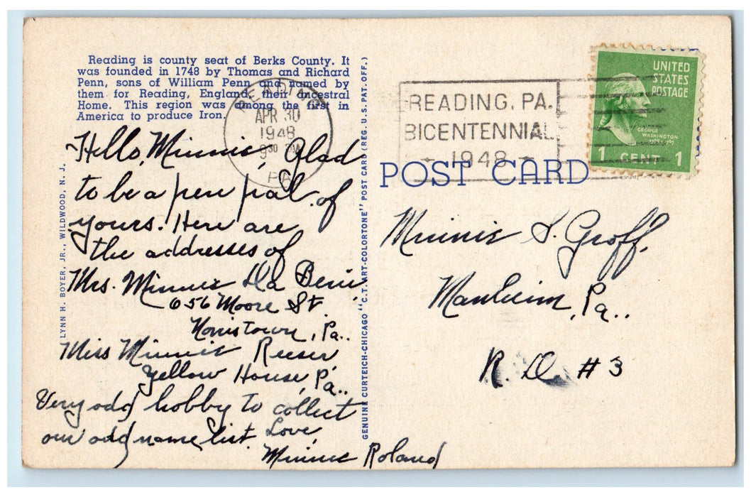 1949 Large Letter Greetings From Reading Pennsylvania PA Posted Vintage Postcard