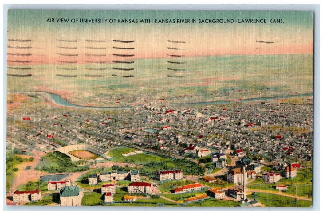 1948 Air View Of University Of Kansas And River View Lawrence Kansas KS Postcard