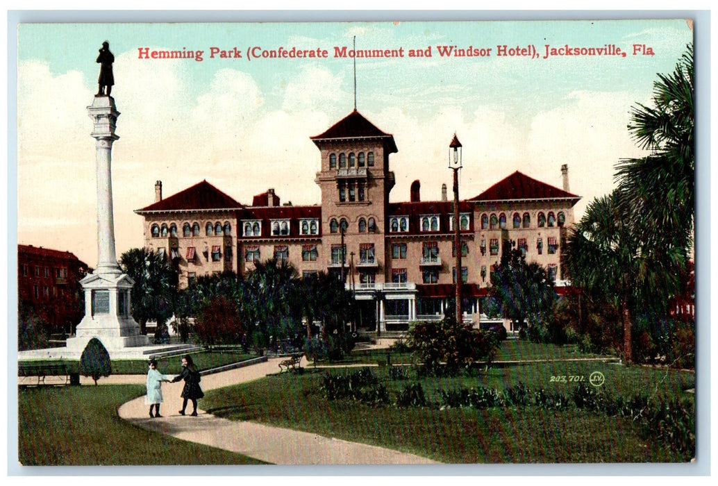 c1950's Hemming Park Monument Windsor Hotel Restaurant Jacksonville FL Postcard
