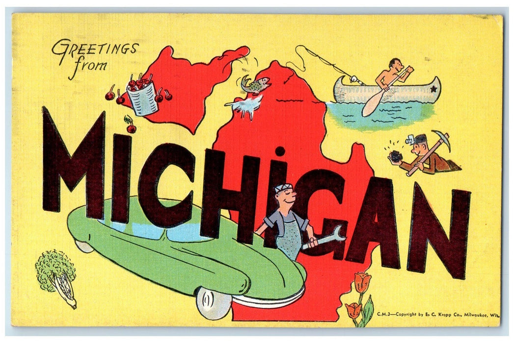 1948 Greetings From Michigan Fishing Mining Scene MI Posted Vintage Postcard