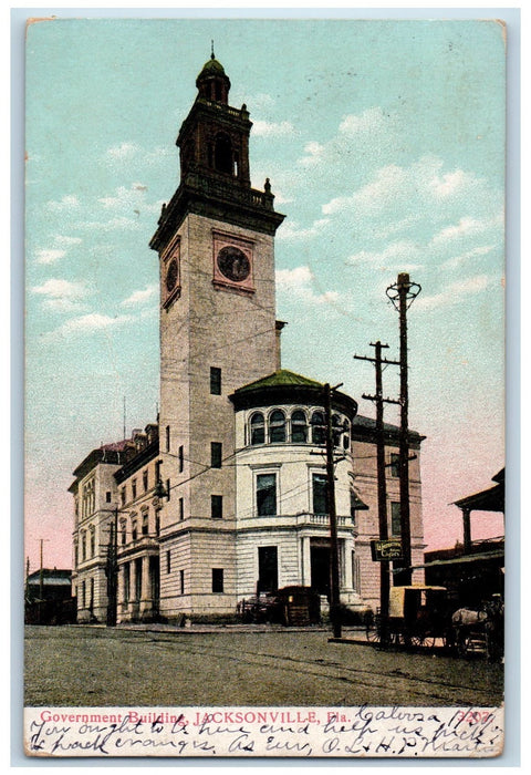 1907 Government Building Clock Tower Dirt Road Jacksonville Florida FL Postcard
