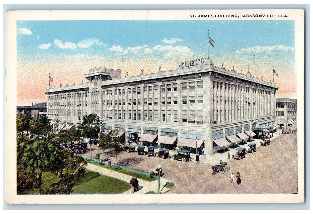 c1920's St. James Building Classic Cars Stores Jacksonville Florida FL Postcard