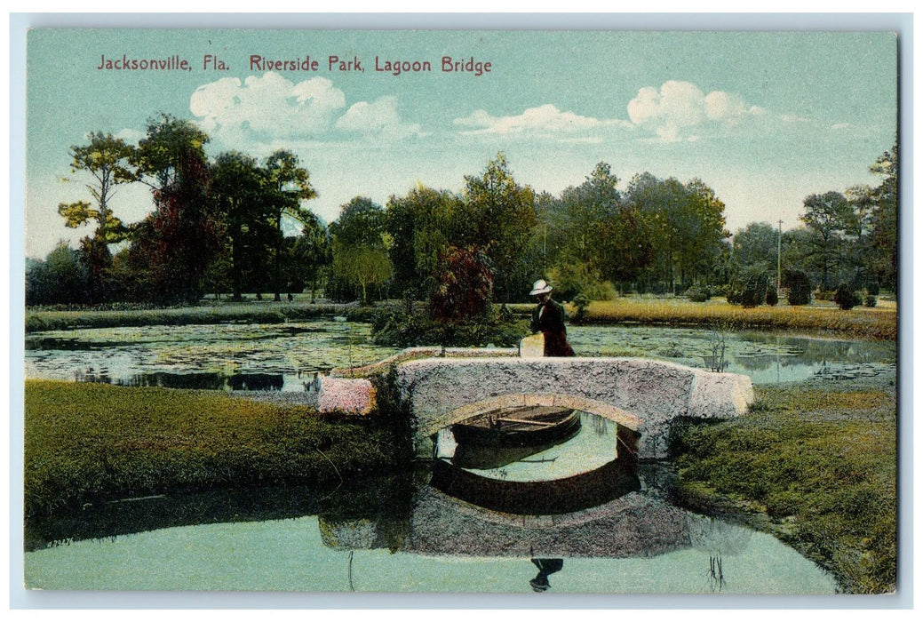 c1950's Riverside Park Lagoon Bridge Pond Men Jacksonville Florida FL Postcard