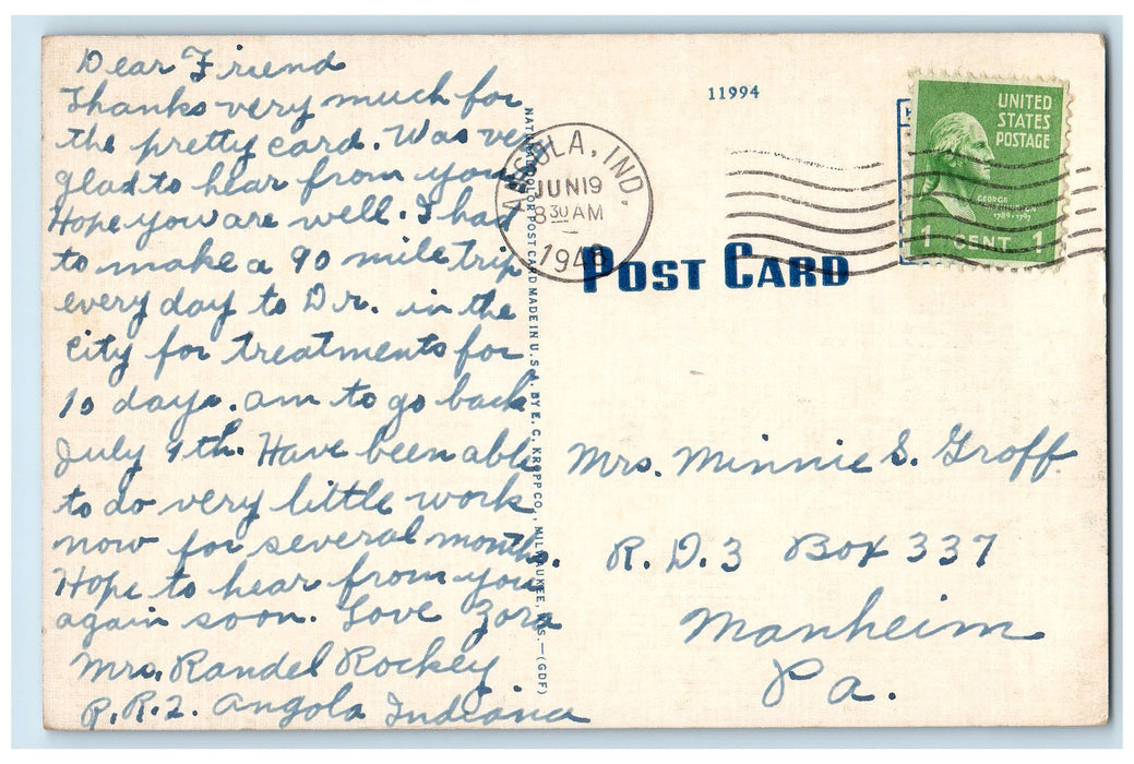 1947 Entrance To Pokagon Park Scene Angola Indiana IN Posted Vintage Postcard
