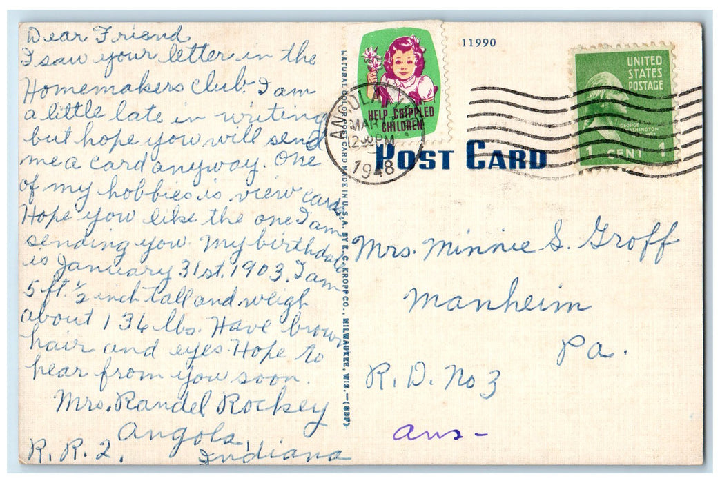 1948 Weldon's Landing Lake James Near Angola Indiana IN Posted Vintage Postcard