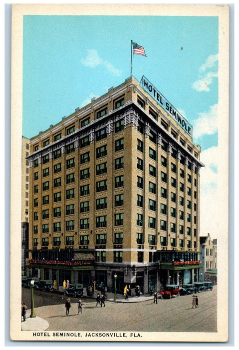 c1920's Hotel Seminole Building Restaurant Classic Cars Jacksonville FL Postcard